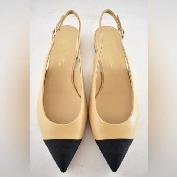 Chanel 24A Beige Leather Black CC Logo Coco Slingback Pointed Ballet Flat 39 - Picture 3 of 15